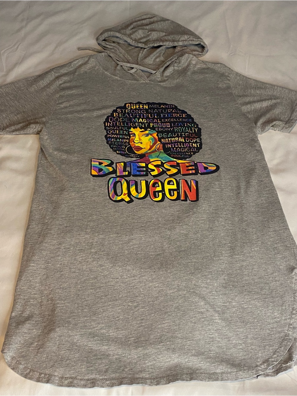 Womans Hoodie T-Shirt Short Sleeve Grey W/Rainbow Colored Graphic Print Size 1X